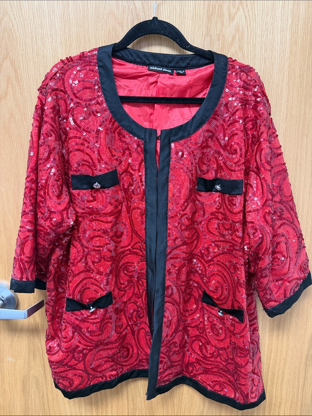 Michael Simon Red Sequin Swirl Embellished Jacket with Black Trim Plus Size 2X